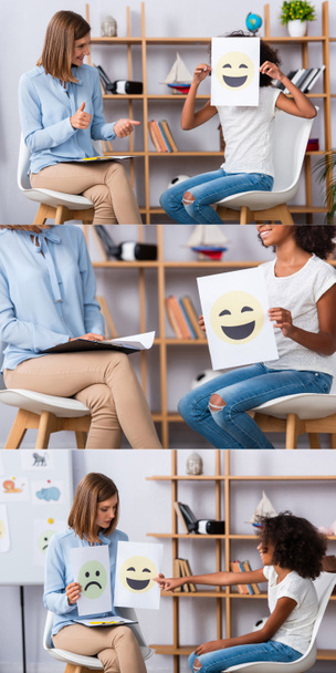 Коллаж африканской американки, держащей и указывающей пальцем на счастливое выражение лица на бумаге рядом с психологом  - Фото, изображение