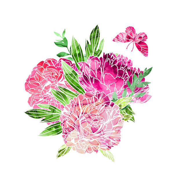 Floral bouquet with alcohol ink texture on bg - Vecteur, image