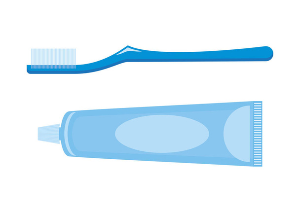 ブルー歯ブラシと歯磨き粉のアイコンセットベクトル。歯ブラシのシンプルなアイコンは白い背景に隔離されています。朝の衛生コンセプト - ベクター画像