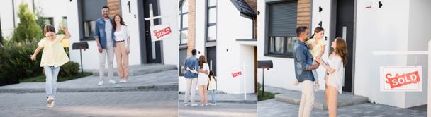 Collage de hija sonriente en brazos del padre, corriendo y de pie con la familia cerca de la casa y firmar con letras vendidas, pancarta - Foto, imagen