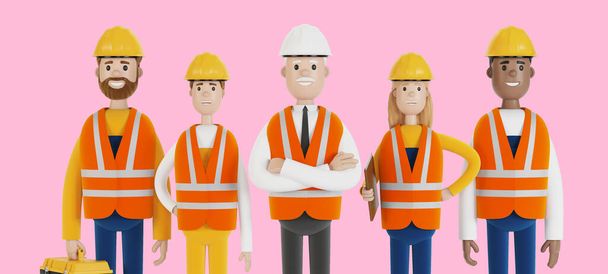 Industrial workers. A team of builders wearing safety vests and hard hats. 3D illustration in cartoon style. - Photo, Image