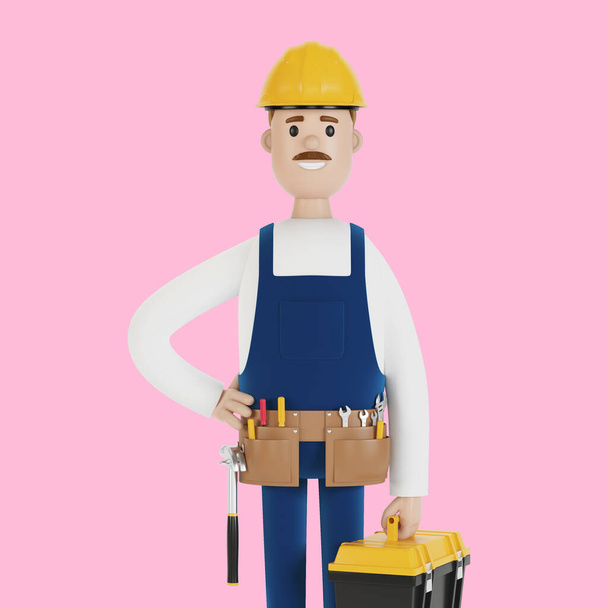 Un constructor con un sombrero duro y una caja de herramientas. Trabajador de construcción. Ilustración 3D en estilo de dibujos animados. - Foto, Imagen