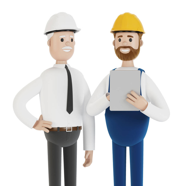 Twee ingenieurs met harde hoeden bespreken een project met een tablet. 3D illustratie in cartoon stijl. - Foto, afbeelding
