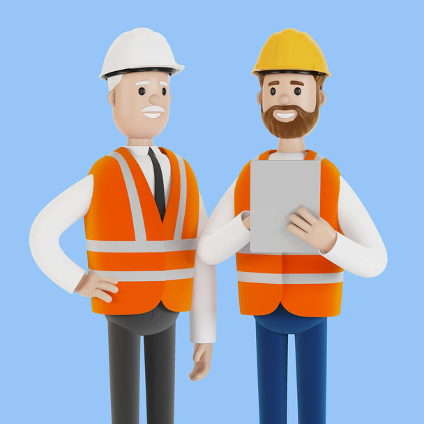 Deux ingénieurs portant des casques durs discutent d'un projet en utilisant une tablette. Illustration 3D dans le style dessin animé. - Photo, image