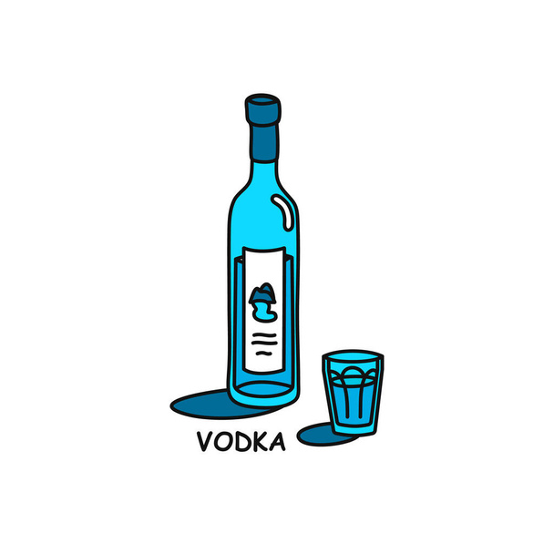 Wodkaflasche und Glasumrisssymbol auf weißem Hintergrund. Farbige Cartoon-Skizze Grafik-Design. Doodle-Stil. Handgezeichnetes Bild. Party Drinks Konzept. Freihändiger Zeichenstil - Vektor, Bild