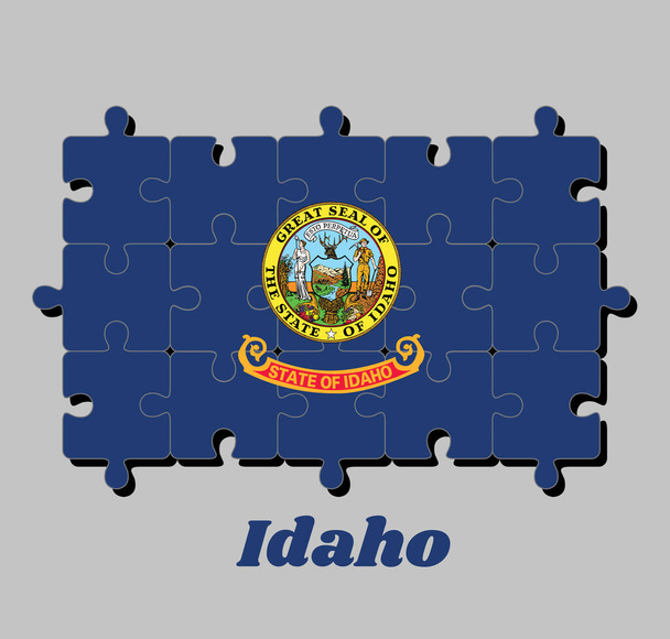 Quebra-cabeça da bandeira Idaho. Selo estatal de Idaho num campo de azul. Os estados da América, Conceito de Cumprimento ou perfeição. - Vetor, Imagem