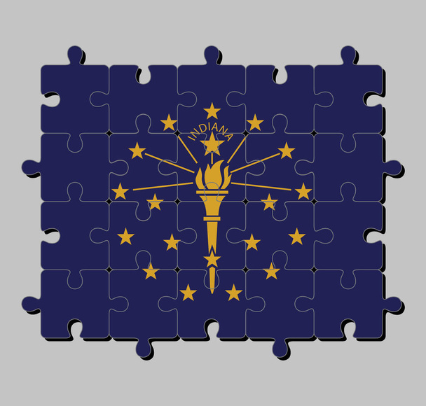 Puzzle der Indiana-Flagge in goldener Fackel, umgeben von einem äußeren Kreis von Sternen, einem inneren Halbkreis von Sternen, dem Wort "Indiana". Die Staaten Amerikas, Konzept der Erfüllung oder Vollkommenheit. - Vektor, Bild