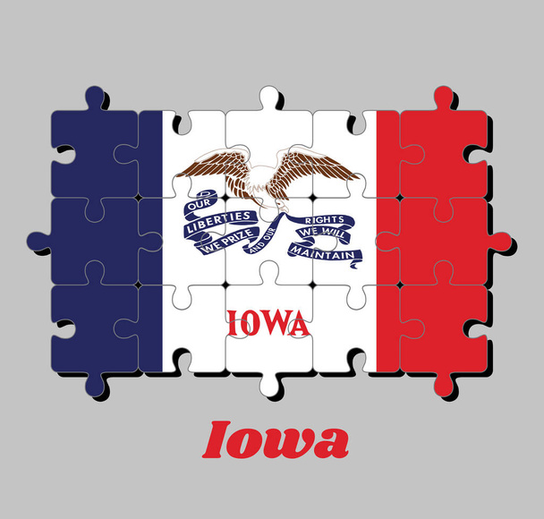 Загадка про прапор штату Айова, вертикальний триколор синього білого і червоного кольорів і зображення лисого орла з довгою стрічкою. Штати Америки, концепція сповнення або досконалості. - Вектор, зображення