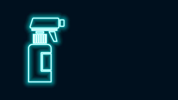 Gloeiende neon lijn Kappers pistool spray fles met water pictogram geïsoleerd op zwarte achtergrond. 4K Video motion grafische animatie - Video