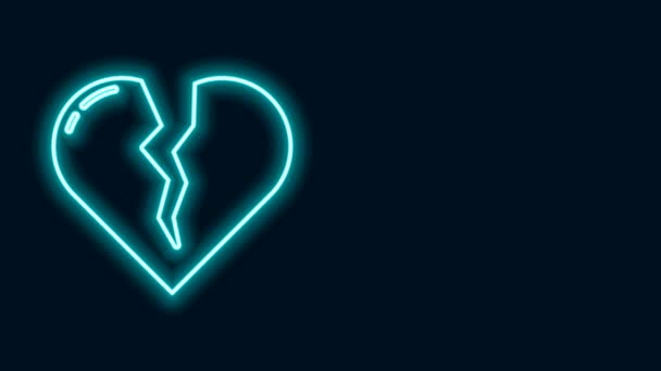 Leuchtende Leuchtschrift Gebrochenes Herz oder Scheidungssymbol isoliert auf schwarzem Hintergrund. Liebessymbol. Valentinstag. 4K Video Motion Grafik Animation - Filmmaterial, Video