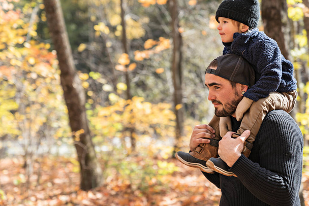 Happy family father and child boy in the autumn leaf fall in park - Foto, Imagen