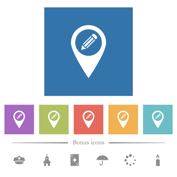 Editar GPS mapa localização plana ícones brancos em fundos quadrados. 6 ícones de bônus incluídos. - Vetor, Imagem