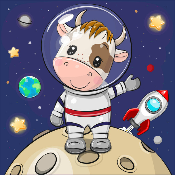 Cute Cartoon Bull astronaut on the moon on a space background - Vector, Image