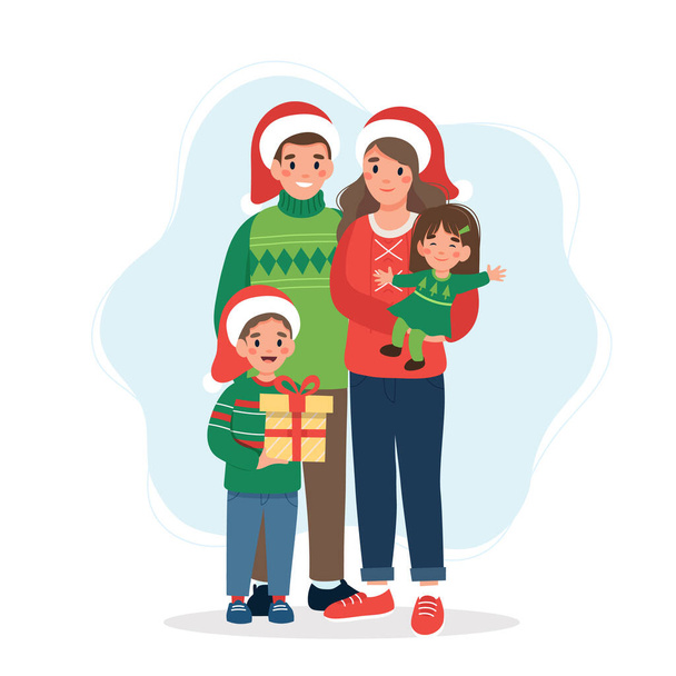 Boldog család karácsonykor. Aranyos illusztráció lapos stílusban - Fotó, kép