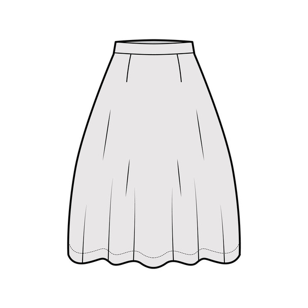 Skirt flared skater technical fashion illustration with below-the-knee silhouette, semi-circular fullness. Flat bottom - Vector, Image