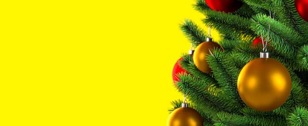 Κοντινό πλάνο με μπάλες στο χριστουγεννιάτικο δέντρο. Κίτρινο φόντο. Πρωτοχρονιά. Εικόνα τρισδιάστατης απεικόνισης. - Φωτογραφία, εικόνα