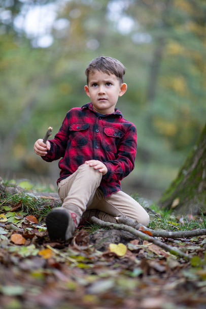 Klein mooi jongetje zittend op de grond in een bos kwetste zijn knie - Foto, afbeelding