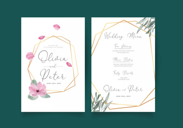 Πρόσκληση γάμου, εκτός από την ημερομηνία, σας ευχαριστώ, RSVP πρότυπο σχεδιασμού καρτών. Βέκτορ. Τριαντάφυλλα λουλούδι με πράσινο. - Διάνυσμα, εικόνα