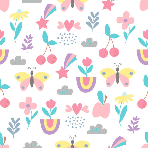 Naadloos patroon met leuke vlinder, appel, bloemen, bladeren, bessen en wolken. Voor het versieren van covers, prints voor kinderkleding, pyjama 's, t-shirts - Vector, afbeelding
