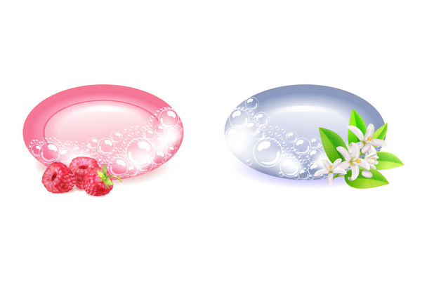 Bar aus rosa Seife und Beeren in Schaum und Blasen auf weißem Hintergrund. Realistische Vektorillustration.Shampoo Blasen Textur. - Vektor, Bild