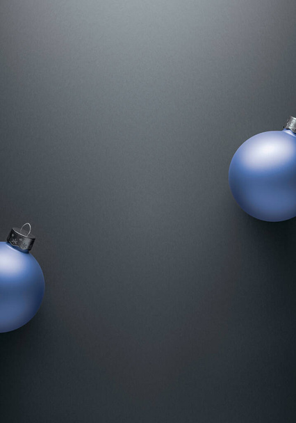 Grauschattierter Hintergrund mit zwei runden hellblauen Weihnachtskugeln an den Seiten. Weihnachtsdekoration, festliches Ambiente. Kopierraum. - Foto, Bild