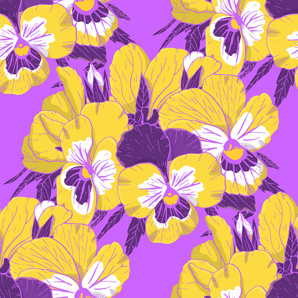 Patrón inconsútil floral colorido con flores pansy dibujadas a mano sobre fondo violeta. Stock vector ilustración. - Vector, Imagen