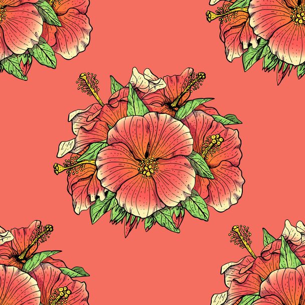 Colorful floral seamless pattern with hand drawn red hibiscus flowers on pink background. Stock vector illustration. - Вектор,изображение