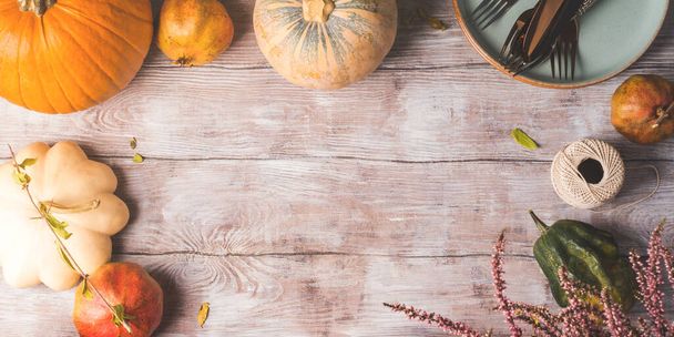 Thanksgiving dinner background with pumpkins - Photo, Image
