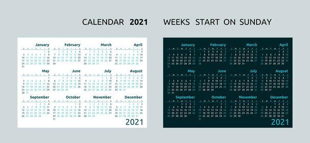 2021 kalenteri malli. 2021 vuotuinen minimalistinen kalenteri. Vuotuinen kalenteri 2021. - Vektori, kuva