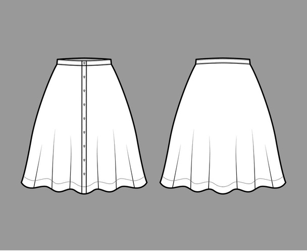 Botão de saia para baixo ilustração de moda técnica com silhueta de joelho semi-circular plenitude. Modelo de fundo plano - Vetor, Imagem