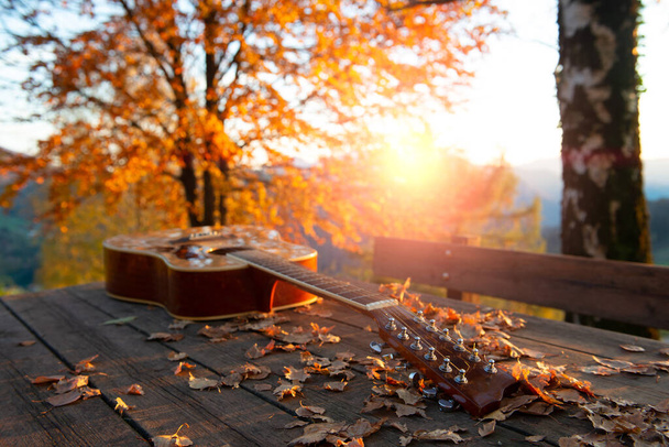 gitár pihen az asztalon a levelek között - Fotó, kép