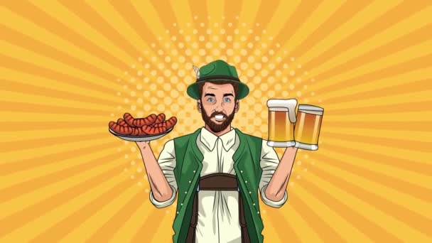 animação celebração oktoberfest feliz com o homem alemão comendo salsichas e bebendo cervejas - Filmagem, Vídeo