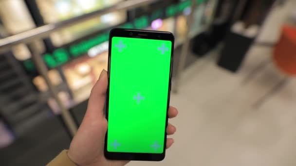POV, mano femenina sosteniendo la pantalla verde del teléfono inteligente en un centro comercial - Metraje, vídeo