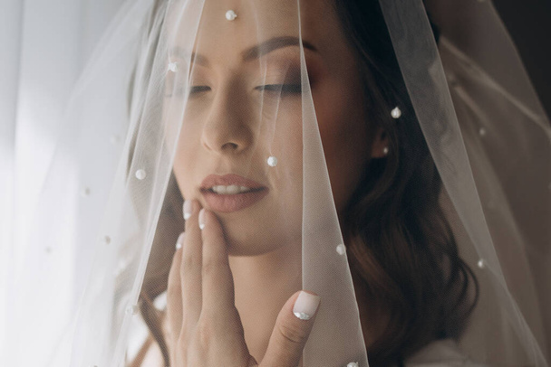 Pretty bride with a stylish veil on her face. Beautiful bride lowered her eyes down, shows makeup and hair style. Portrait of the Pretty bride with a veil - Photo, Image
