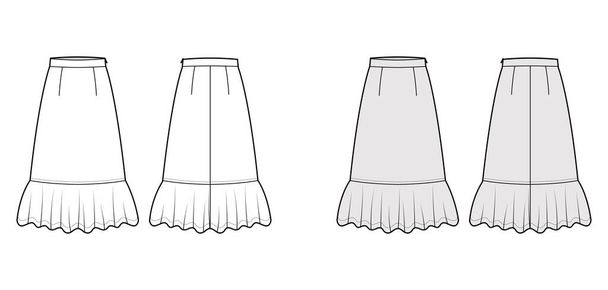 Falda midi prairie dirndl ilustración técnica de moda con longitudes de pantorrilla media, plenitud semicircular, cintura gruesa. - Vector, imagen
