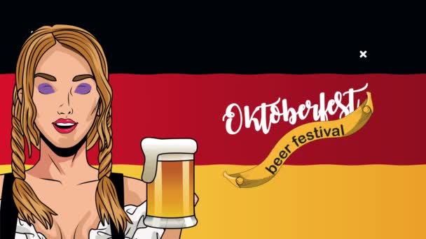 felice oktoberfest animazione celebrazione con sexy ragazza sollevamento pretzel e bandiera tedesca - Filmati, video