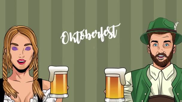 animação celebração oktoberfest feliz com alemanha casal bebendo cervejas - Filmagem, Vídeo