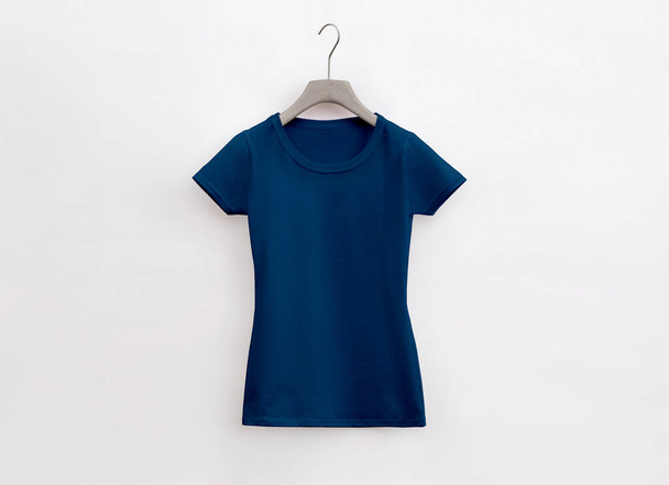 Lady fit round neck royal boue t-shirt with hanger on a white background - Фото, изображение