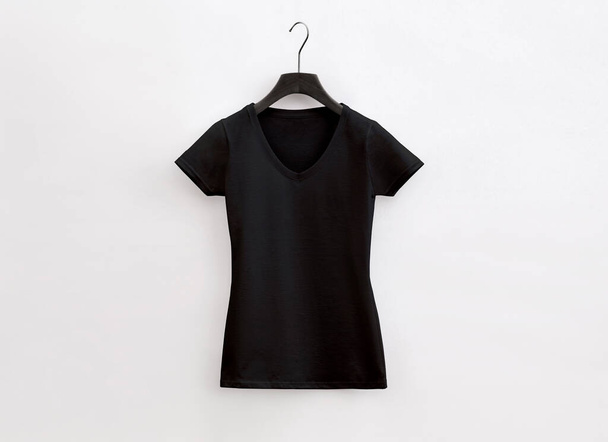 black v-neck t-shirt for women with hanger - Fotoğraf, Görsel
