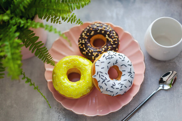 Sweet and fresh colored different donuts with chocolate frosted, glazed and sprinkles, icing topping on pink plate on concrete background. - Zdjęcie, obraz