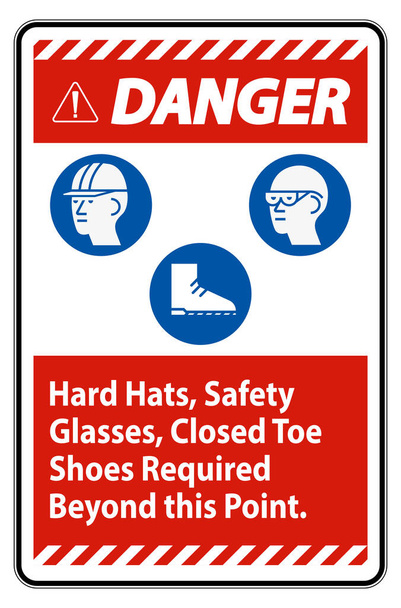Κίνδυνος σημάδι σκληρά καπέλα, γυαλιά ασφαλείας, κλειστά παπούτσια toe απαιτείται πέρα από αυτό το σημείο  - Διάνυσμα, εικόνα