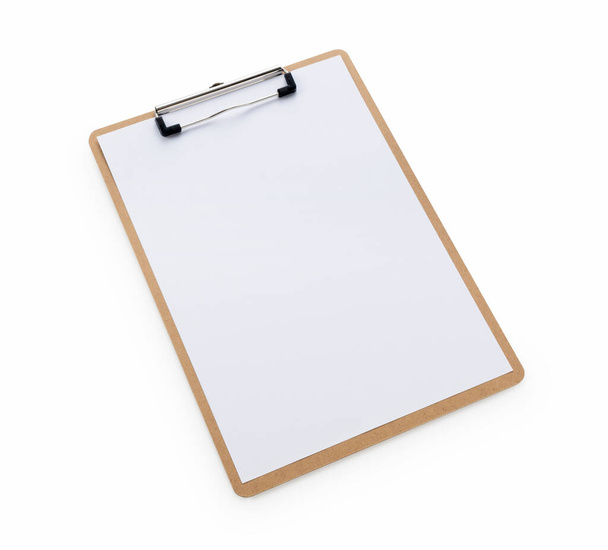 A wooden clipboard with white paper on a white background - Photo, Image