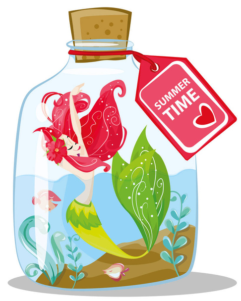 Mariene illustraties. Klein schattig cartoon rood haar zeemeermin in flessen cartoon illustratie voor zomervakantie. - Vector, afbeelding