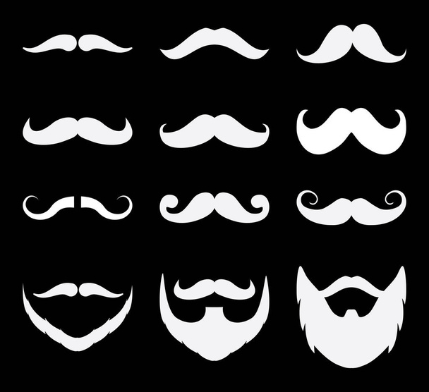 Set of mustache. Men's white beard collection on black background drawing by illustration - Vektori, kuva