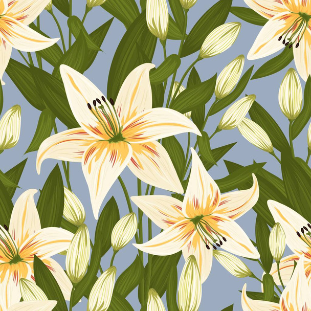 Vintage flowers and leaves. A bouquet of lilies. Seamless patterns. Pastel colors. Isolated vector illustrations. - Vector, Image