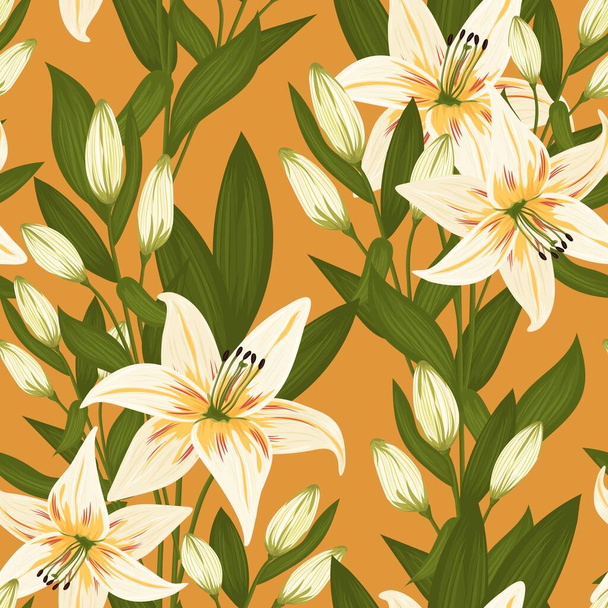 Vintage flowers and leaves. A bouquet of lilies. Seamless patterns. Pastel colors. Isolated vector illustrations. - Vector, afbeelding