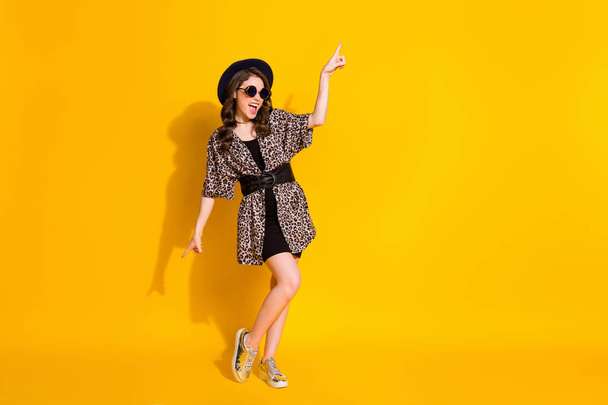 Full body photo of content excited girl enjoy rejoice summer weekend wear good look skirt isolated over shine color background - Foto, afbeelding