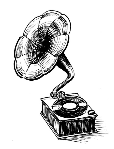 Retro fonograf. Černobílá kresba inkoustu - Fotografie, Obrázek