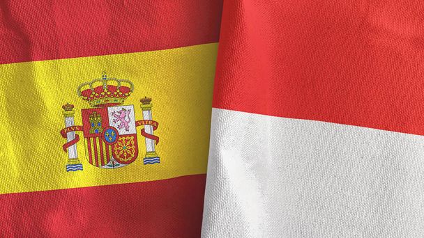 Indonesië en Spanje twee vlaggen textiel doek 3D rendering - Foto, afbeelding