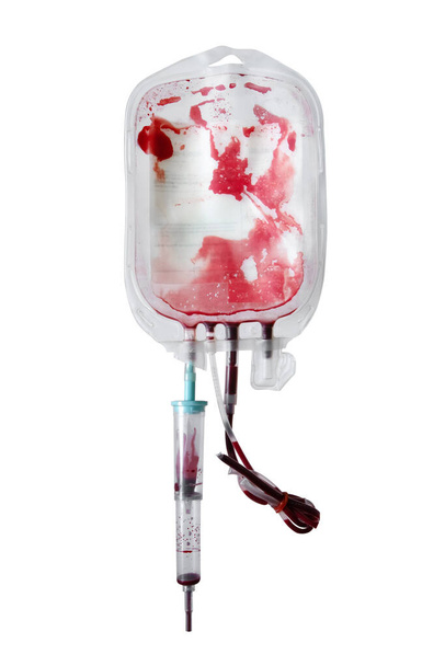 Кров'яний мішок після переливання крові, порожній мішок для крові ізольовано на білому тлі
 - Фото, зображення